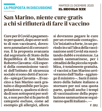 2020 12 15 Covid Repubblica di San Marino proposta niente cure gratis a chi si rifiuta di vaccinarsi Il Secolo XIX